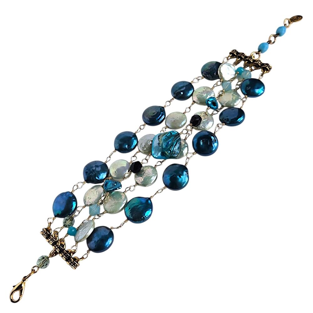 Rachel Reinhardt Teal Blue Freshwater Coin Pearl Bracelet Multistrand Size 6.5